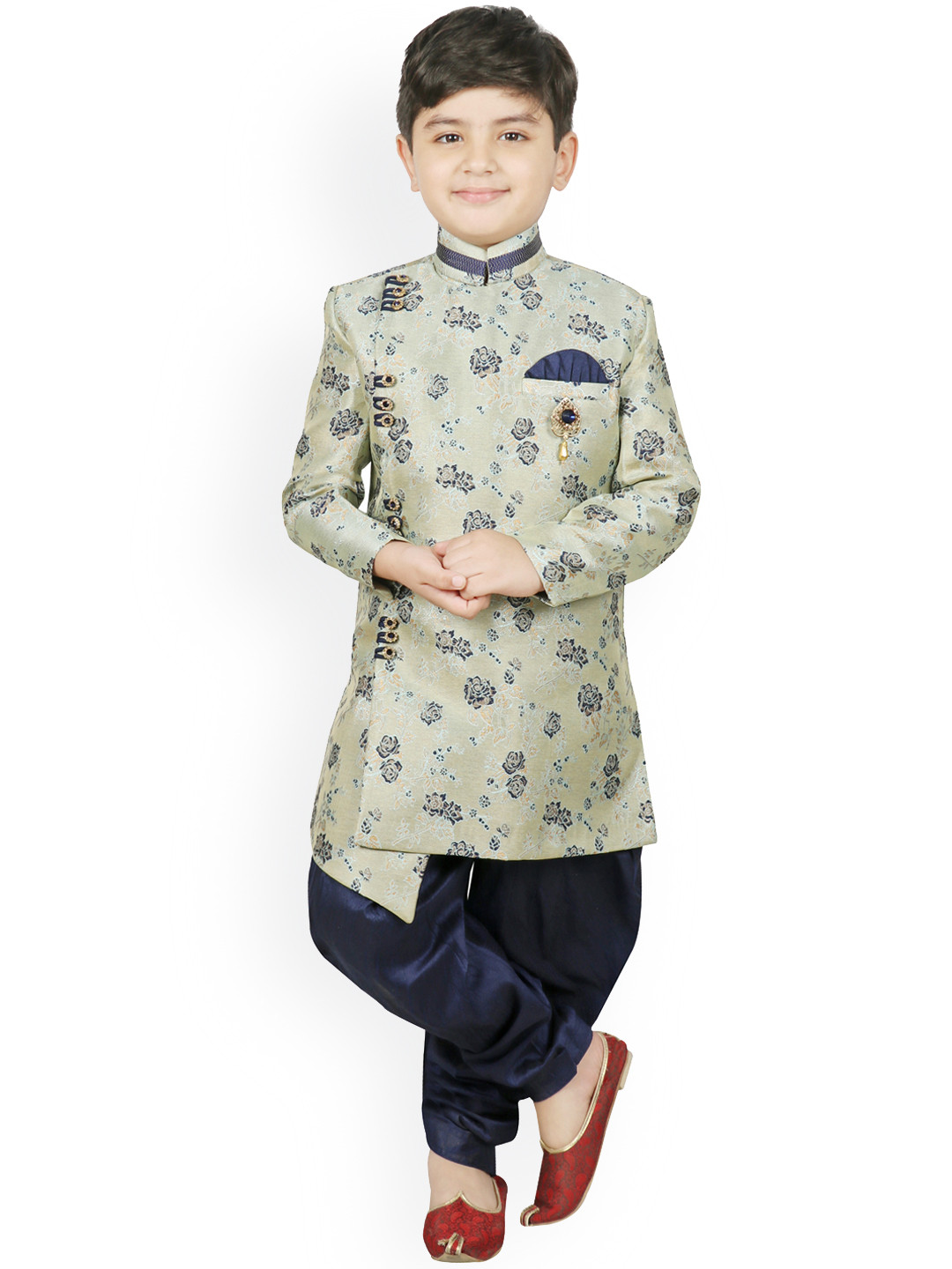 

SG YUVRAJ Boys Green & Navy Blue Printed Silk Sherwani