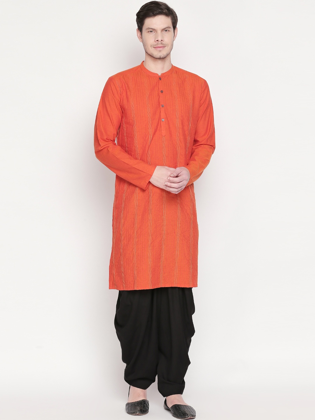 

indus route by Pantaloons Men Rust Orange Striped Straight Kurta