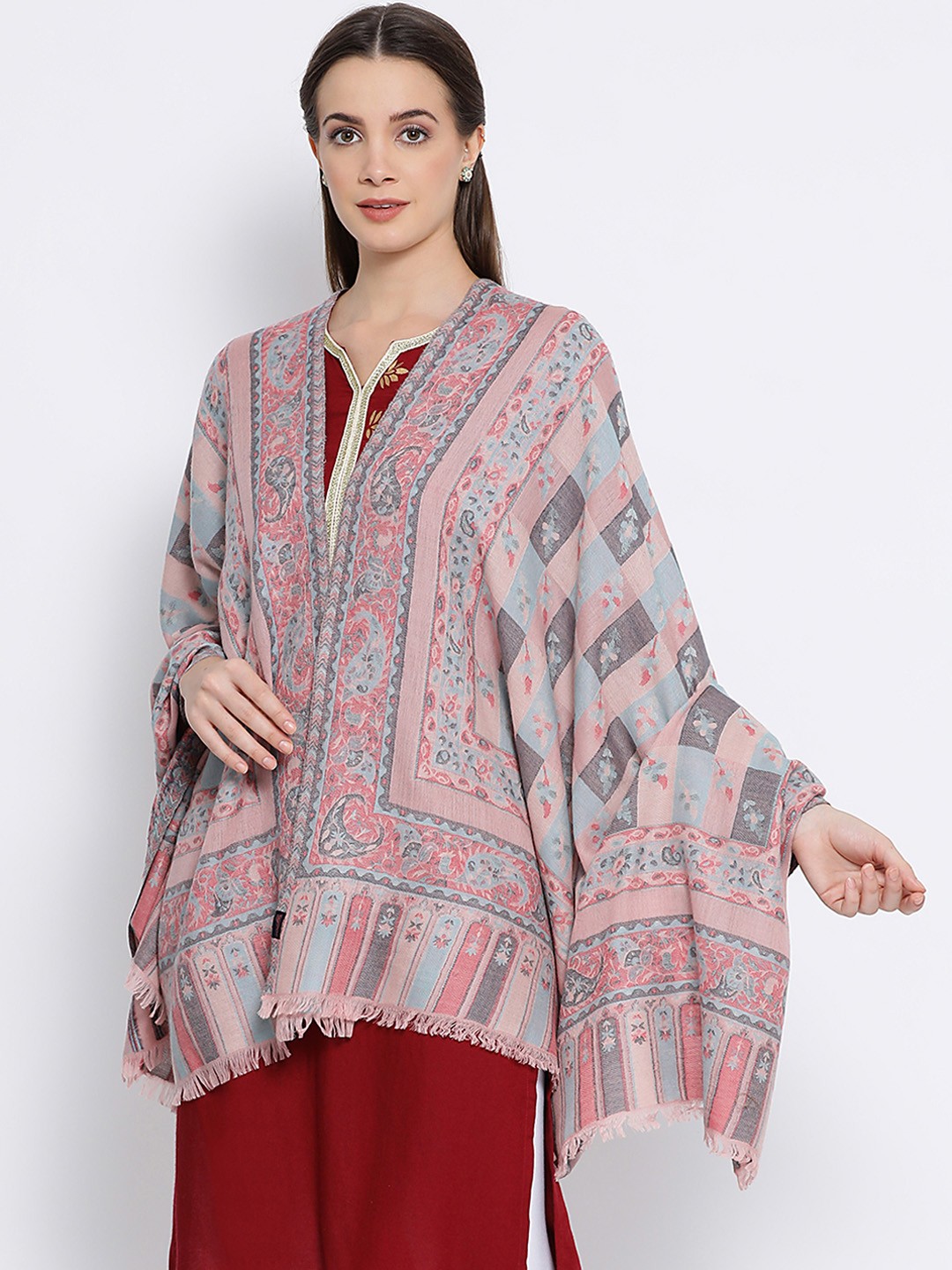 

SHINGORA Women Pink & Grey Woven Design Pure Woolen Shawl