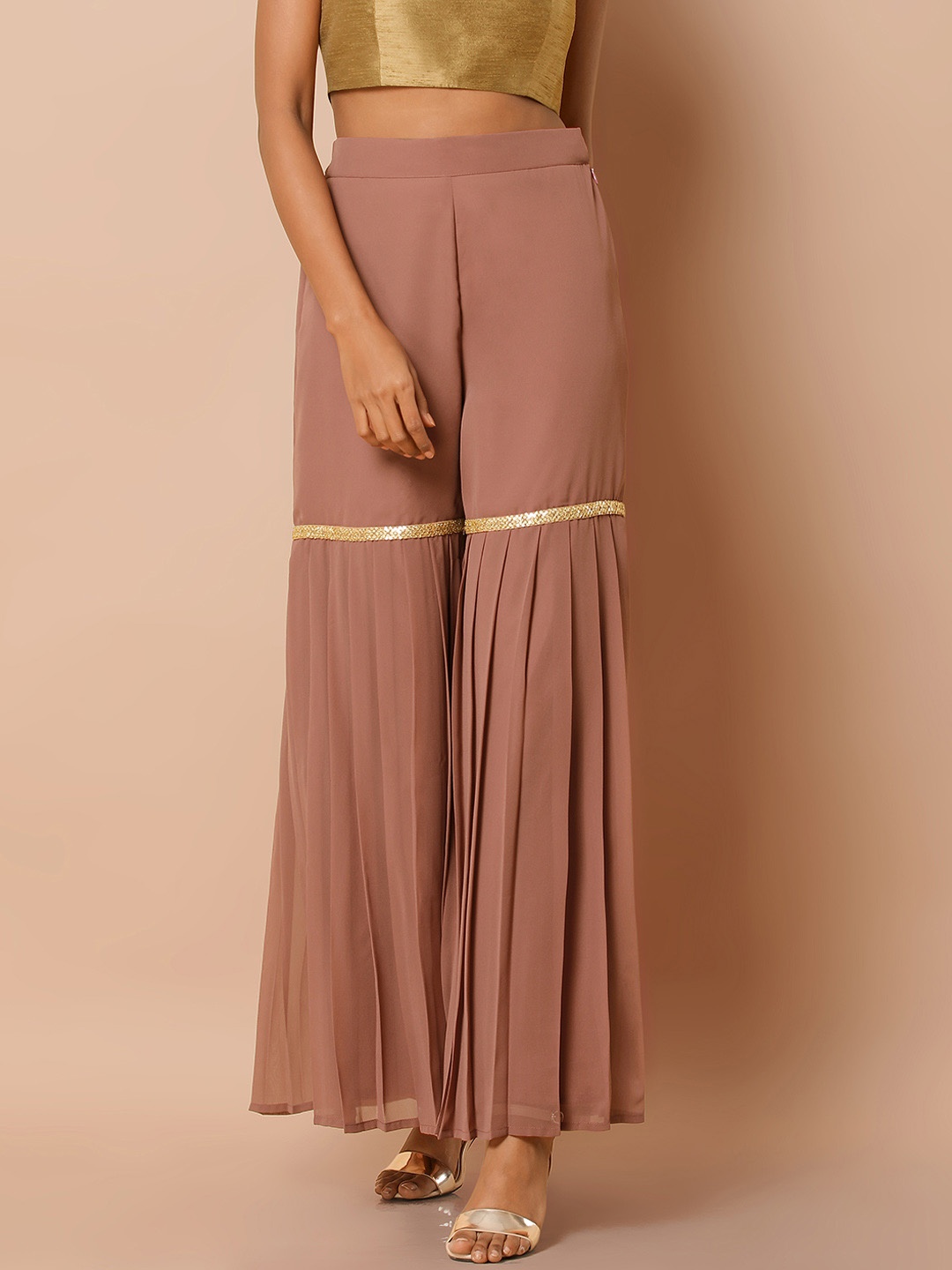 

INDYA Women Rose Pink Solid Flared Palazzos, Brown