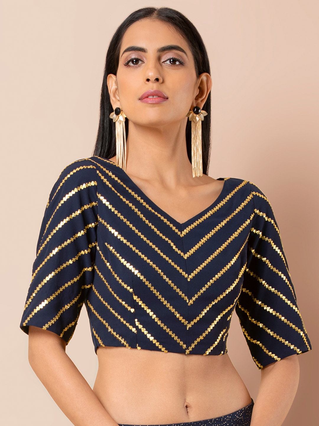 

INDYA Women Navy Blue & Gold-Toned Embellished Crop Top