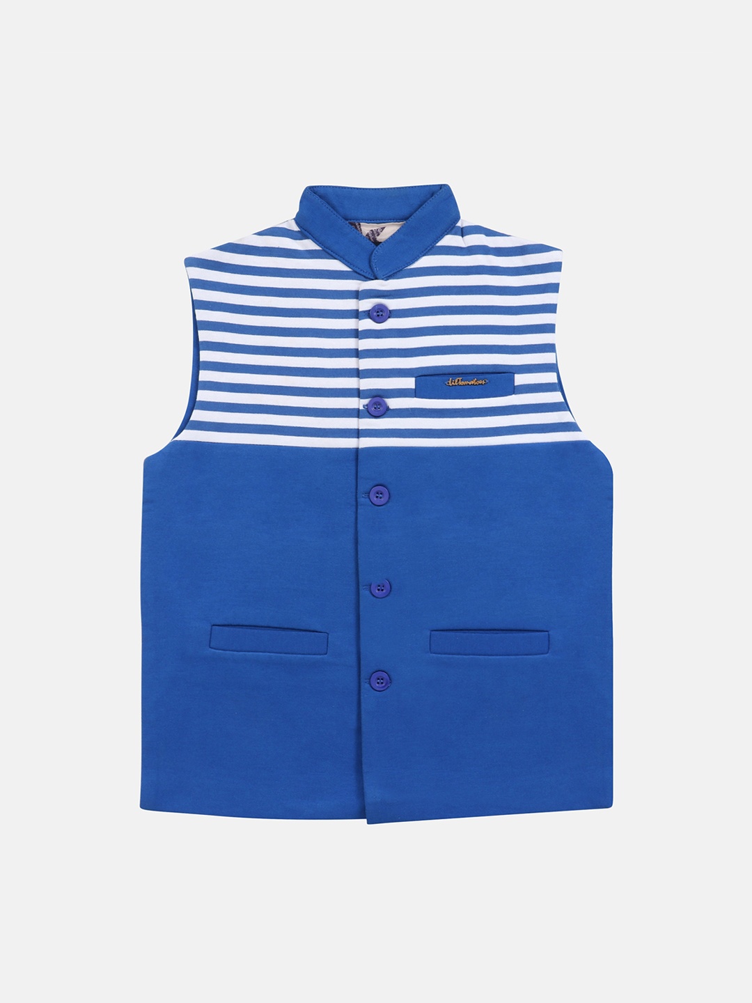 

Lil Tomatoes Boys Blue & White Striped Woven Nehru Jacket