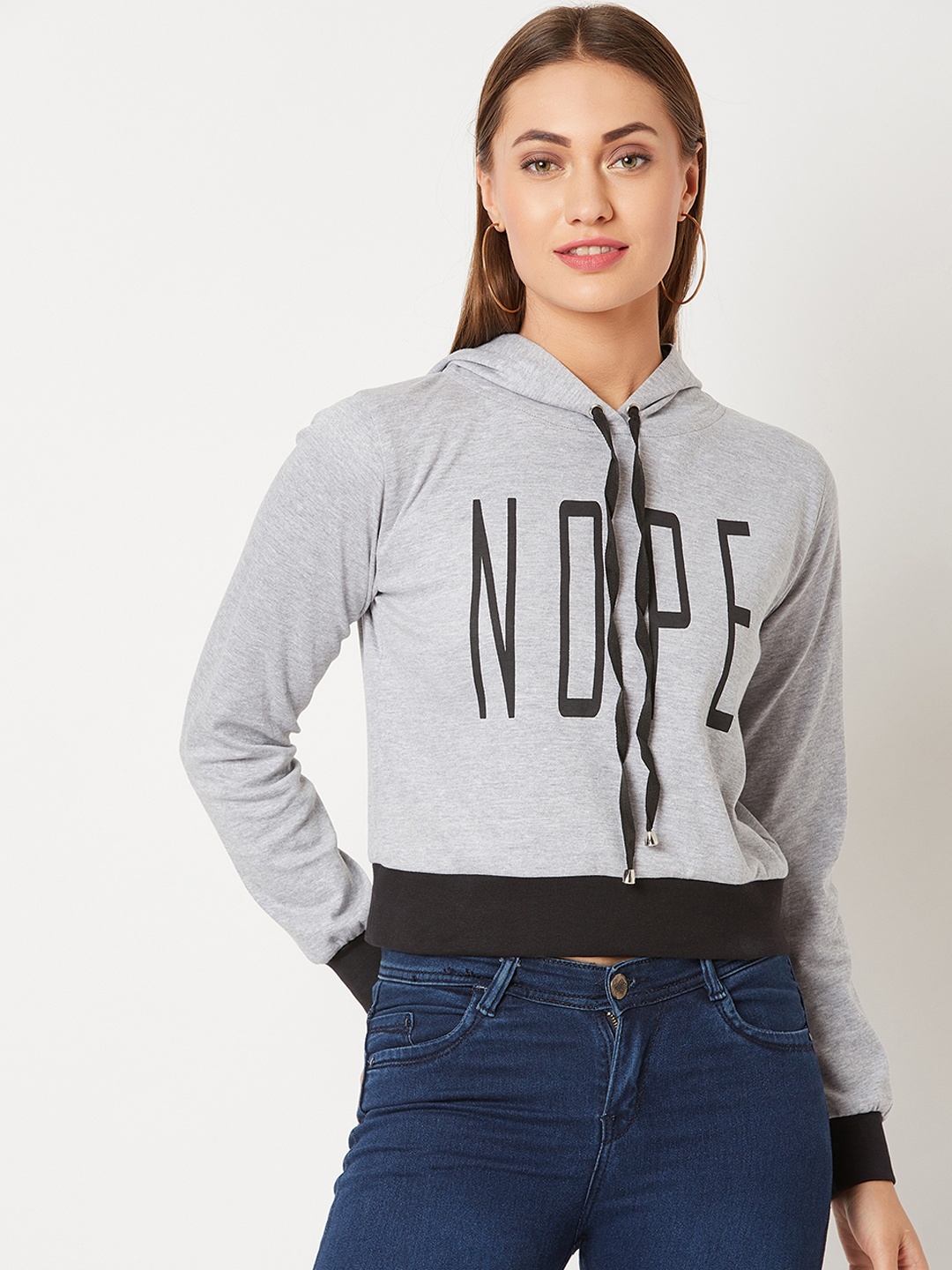 

Miss Chase Women Grey Printed Hooded Sweatshirt