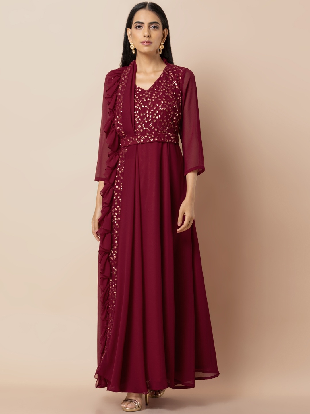 

INDYA Women Maroon Belted Anarkali Ethnic Dress with Attached Dupatta