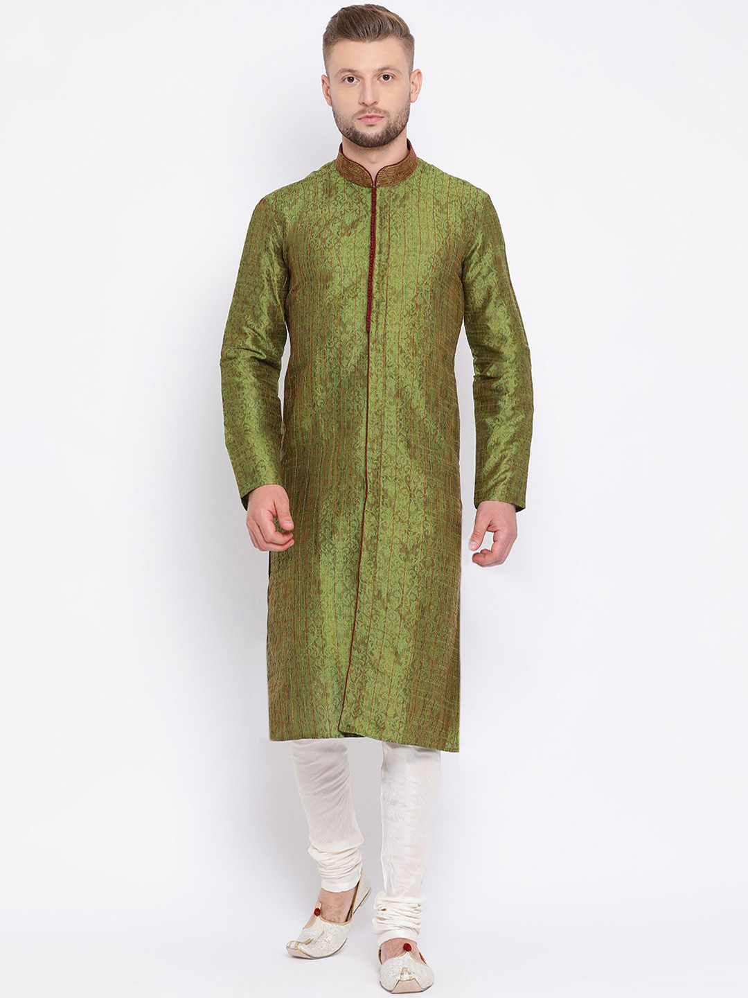 

Sanwara Men Green & White Self Design Kurta with Churidar