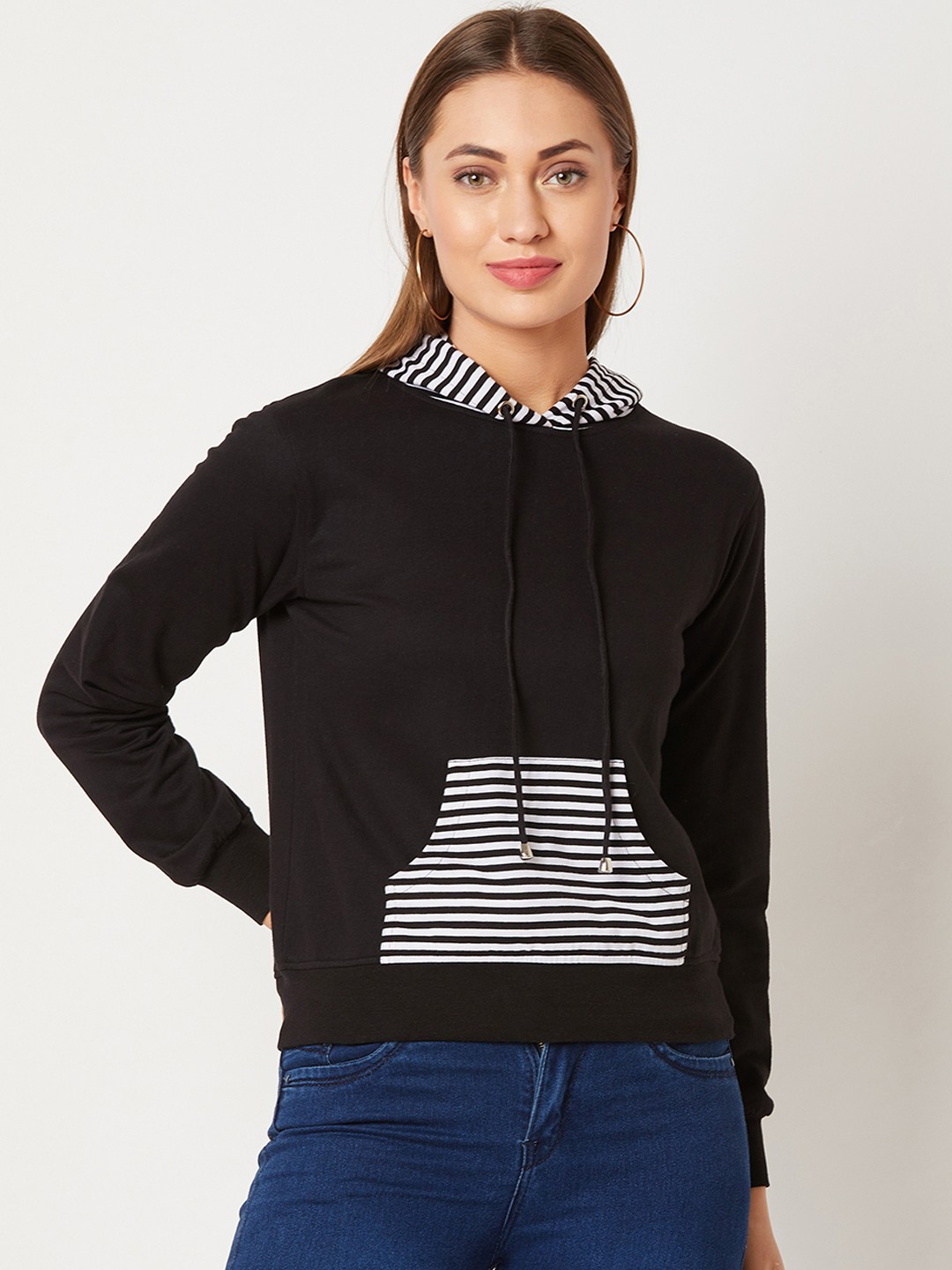 

Miss Chase Women Black Striped Hooded Sweatshirt