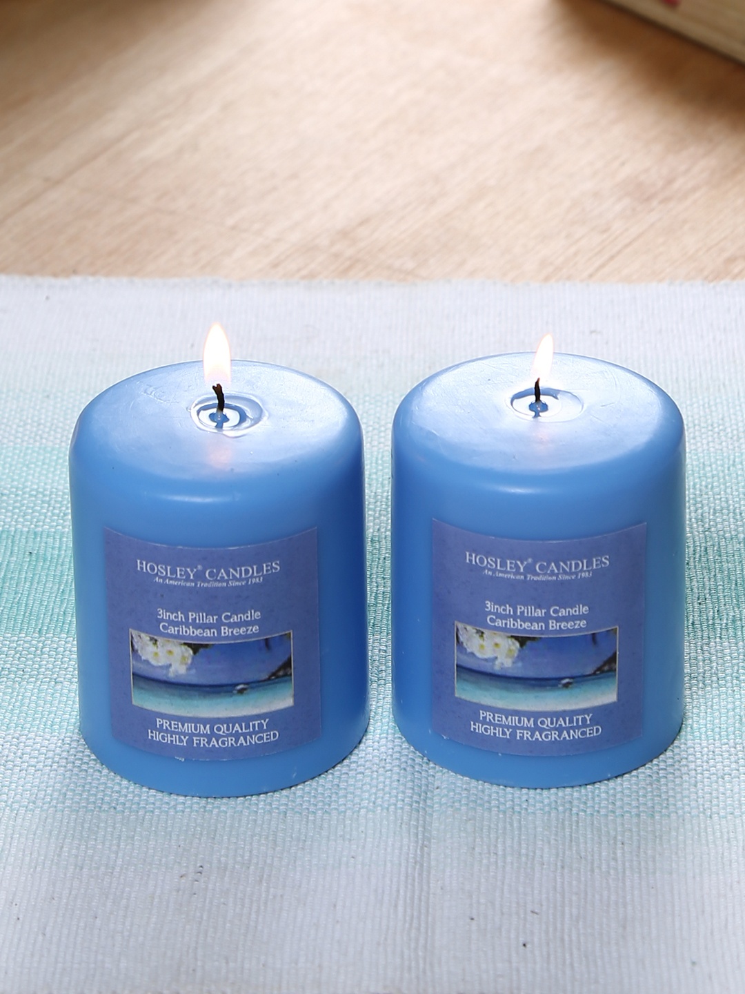 

HOSLEY Set of 2 Blue Caribbean Breeze Fragranced Wax Pillar Candles