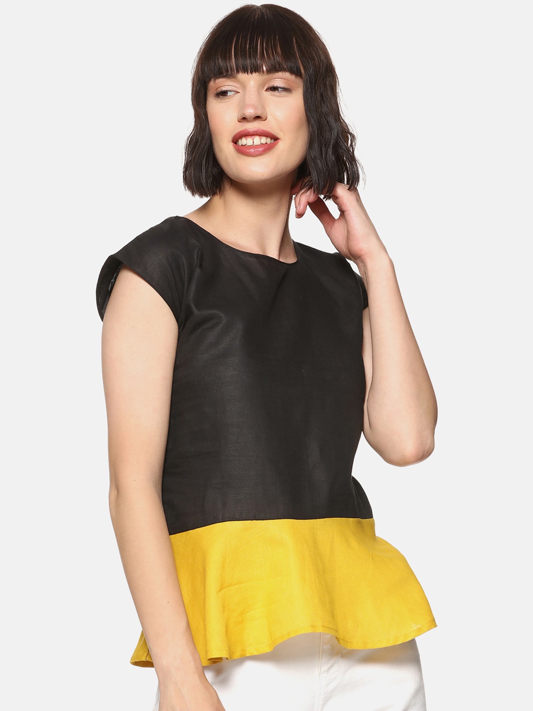 

Campus Sutra Women Black & Yellow Colourblocked Peplum Top