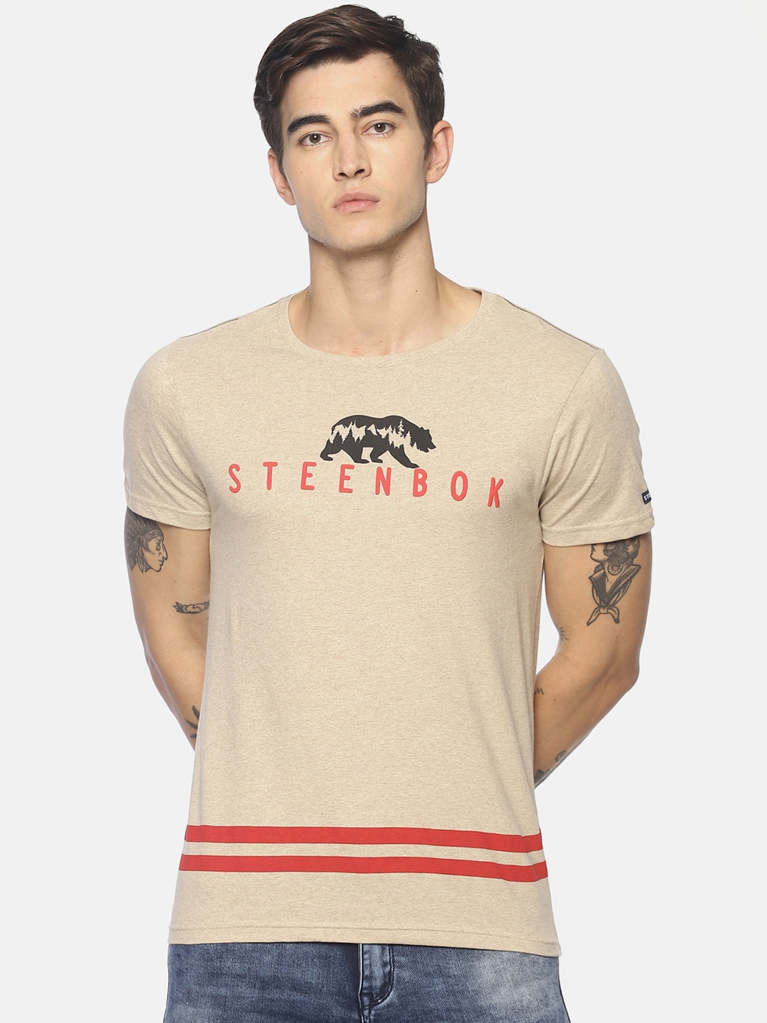 Steenbok Men Beige Printed Round Neck T-shirt