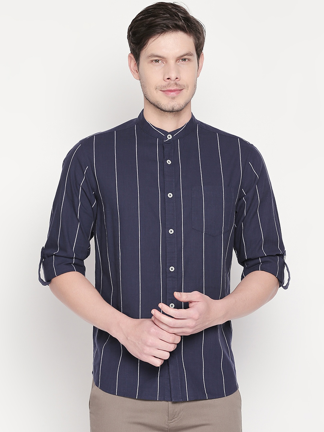 

BYFORD by Pantaloons Men Navy Blue Slim Fit Striped Casual Shirt