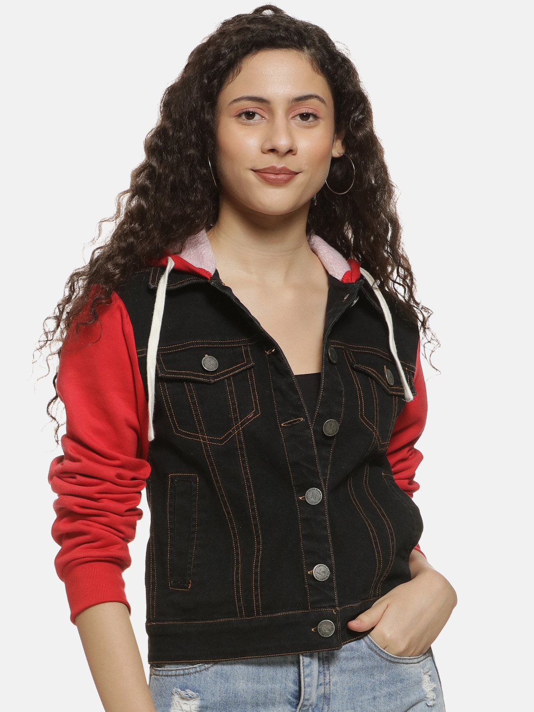 

Campus Sutra Women Black Colourblocked Windcheater Denim Jacket