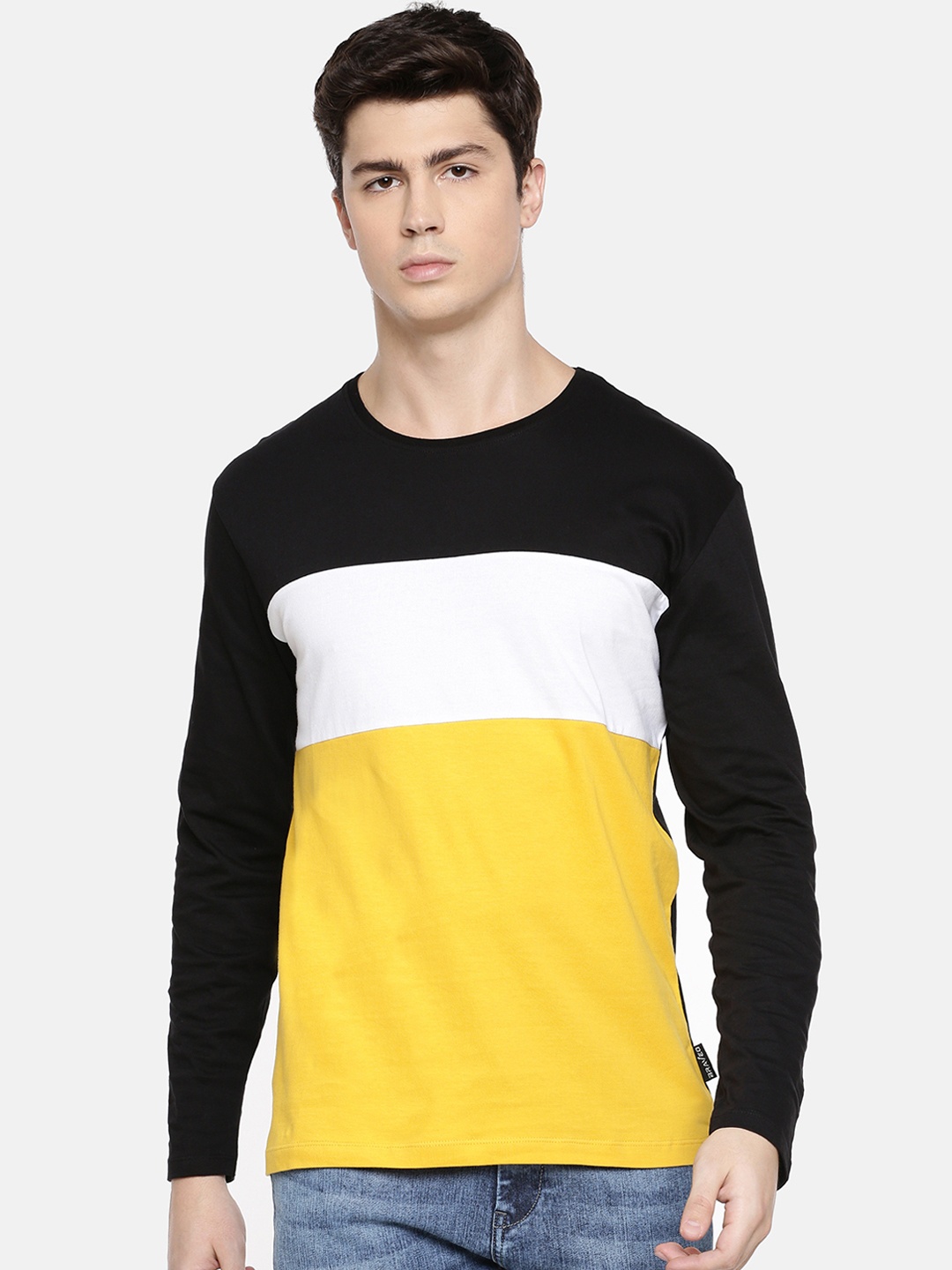 

Braveo Men Yellow Black Colourblocked Round Neck Pure Cotton T-shirt