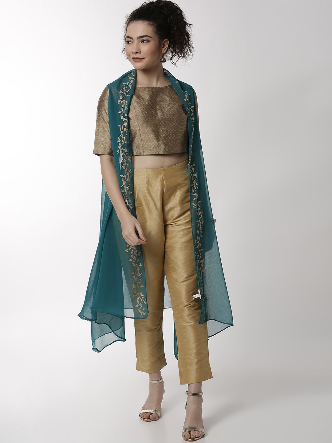 

Ira Soleil Women Green & Gold-Toned Printed Open Front Shrug