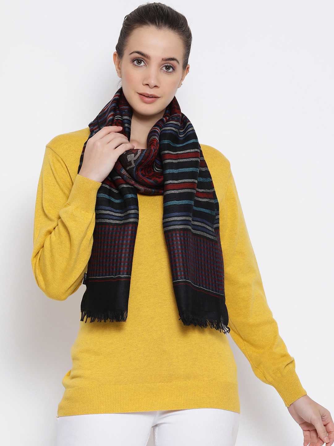 

SHINGORA Women Black & Red Woven Design Striped Stole
