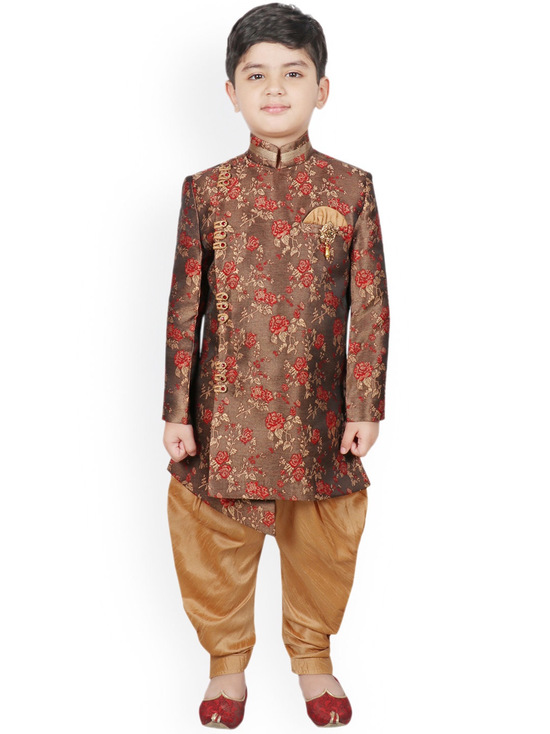

SG YUVRAJ Boys Brown & Red Printed Silk Sherwani