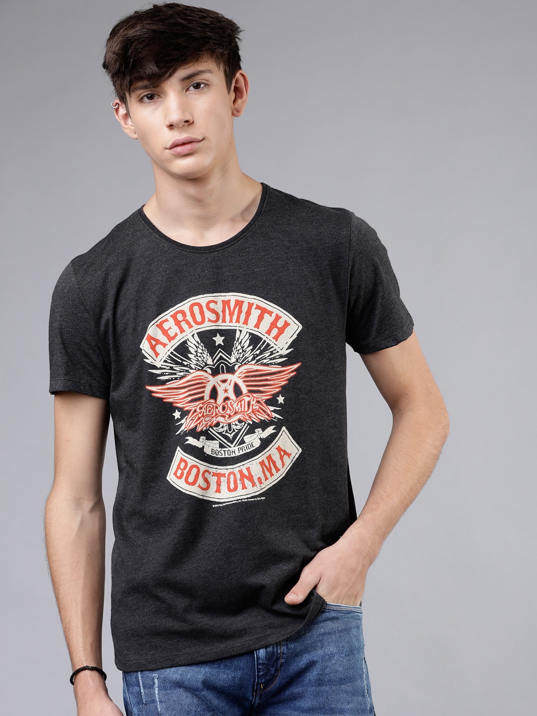 

LOCOMOTIVE Men Black & Orange Aerosmith Printed Round Neck Slim Fit T-shirt