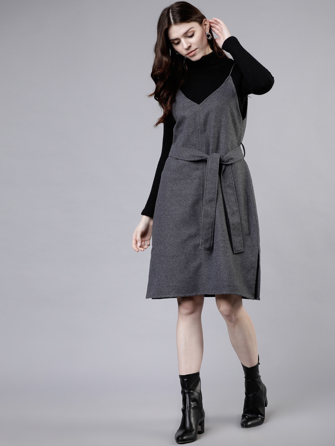 Tokyo Talkies Women Charcoal Solid A-Line Dress