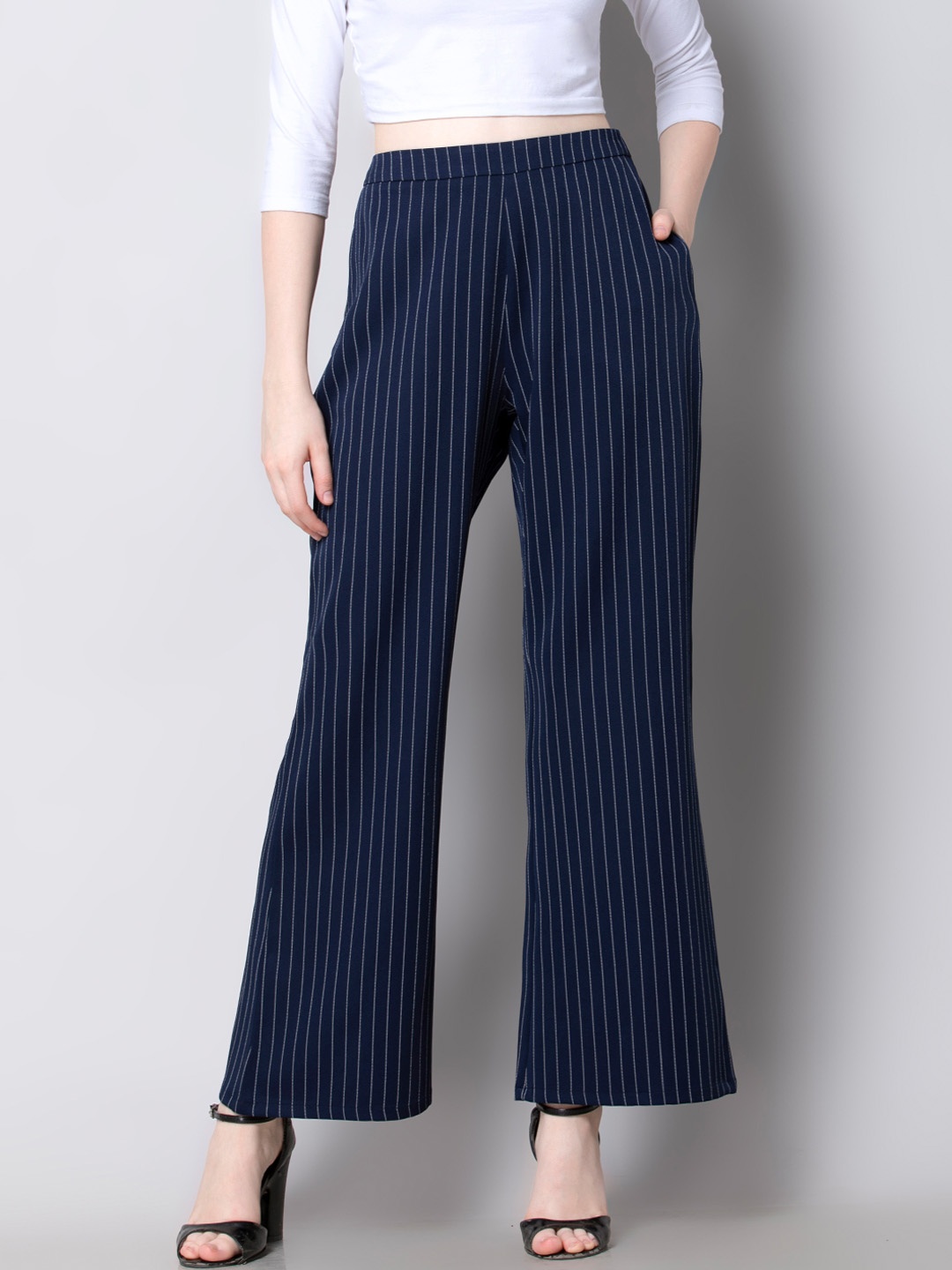 

FabAlley Women Blue Flared Striped Bootcut Trousers