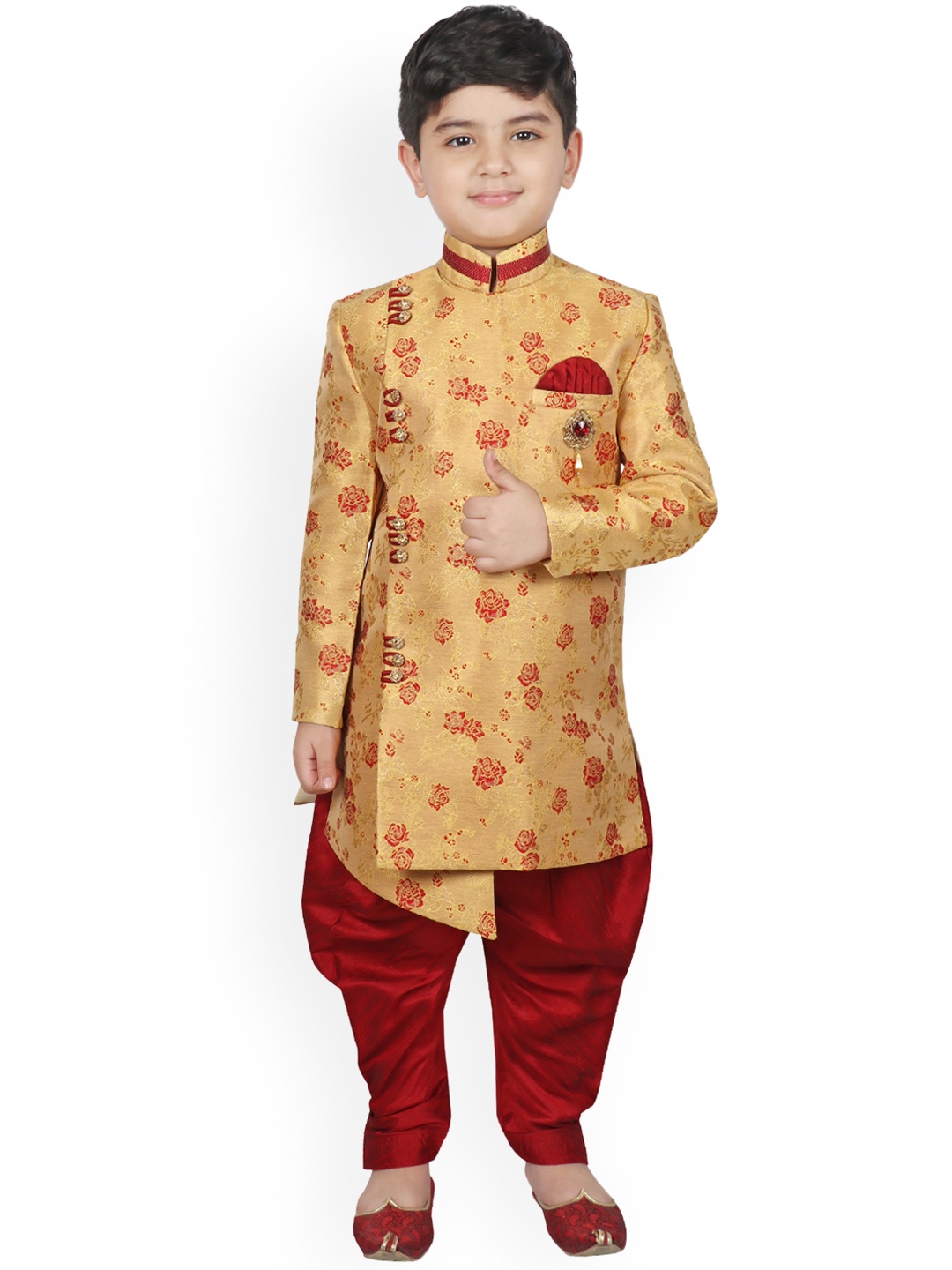 

SG YUVRAJ Boys Beige & Red Printed Silk Sherwani