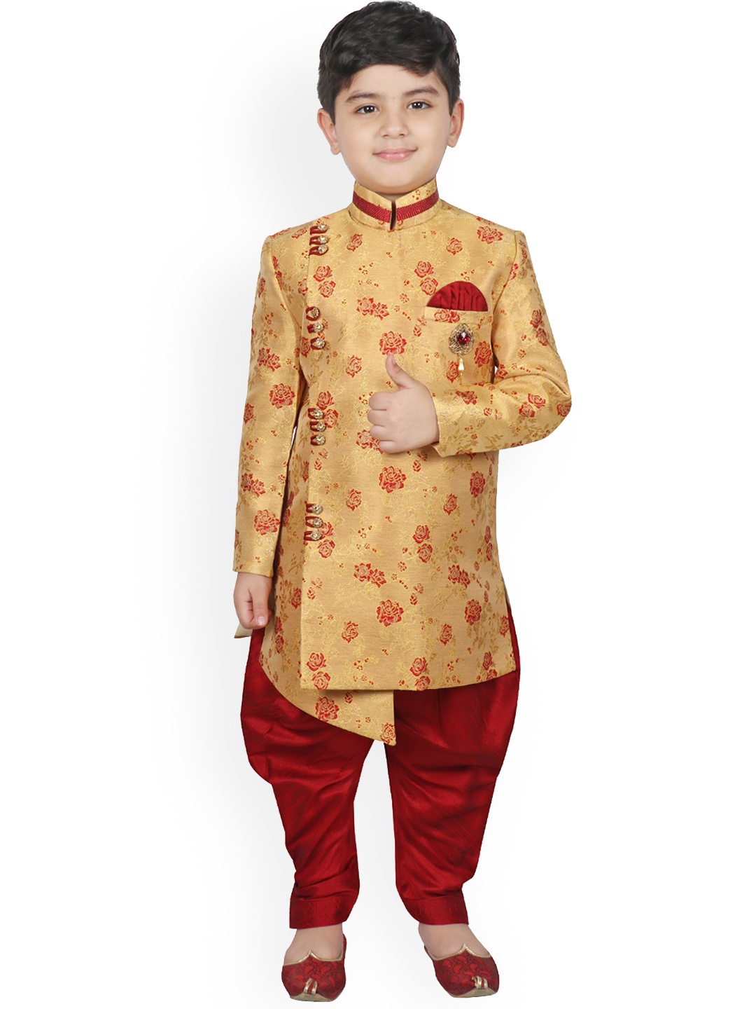 

SG YUVRAJ Boys Beige & Red Printed Silk Sherwani, Yellow