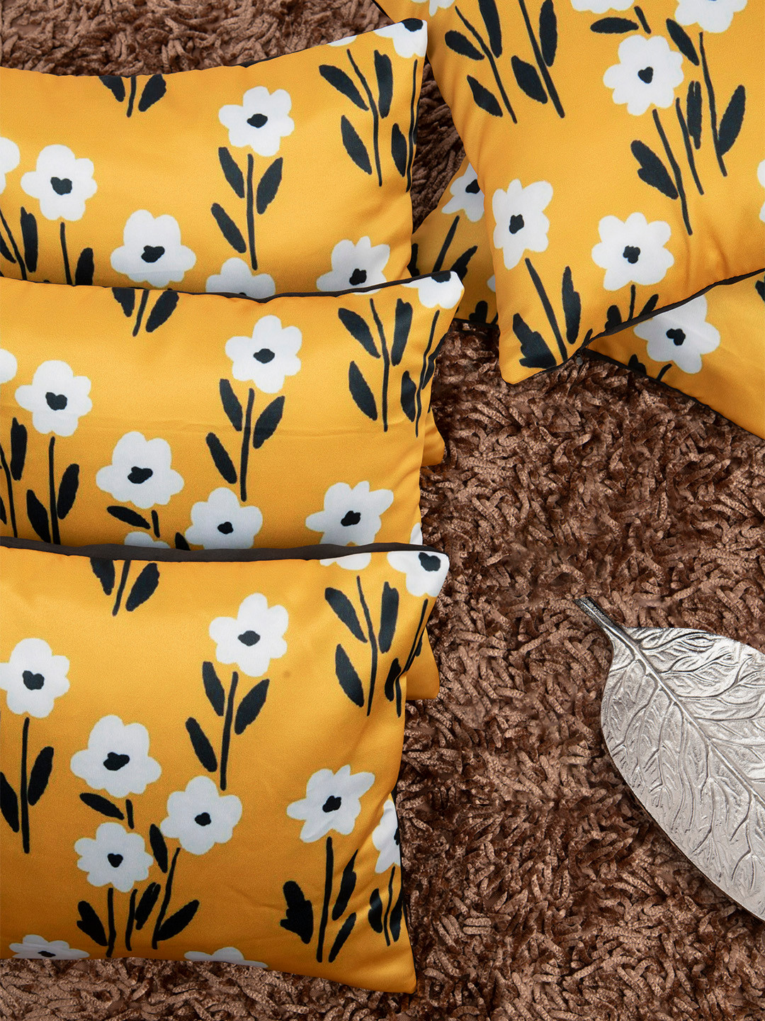 

HOUZZCODE Mustard Yellow Set of 5 Floral Square Cushion Covers