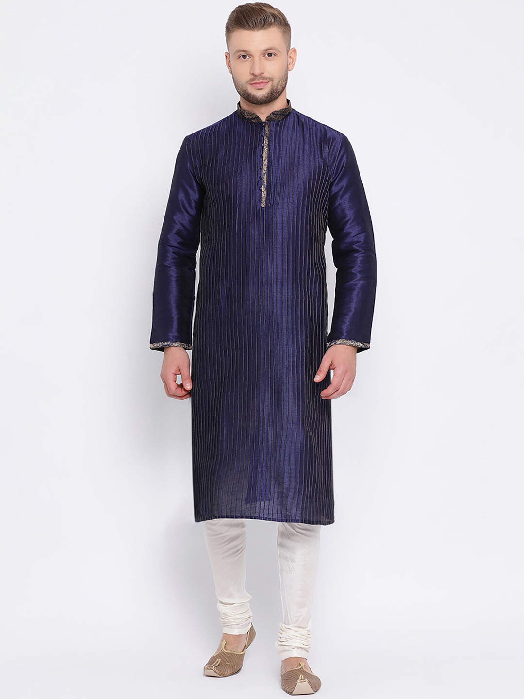 

Sanwara Men Navy Blue & White Self Design Kurta with Churidar