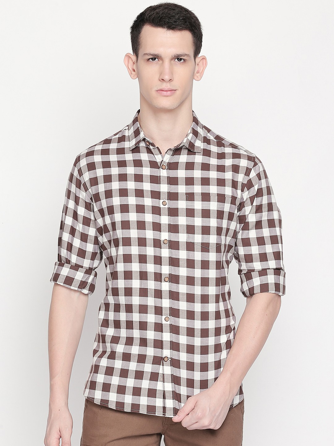 

BYFORD by Pantaloons Men Coffee Brown & Off-White Slim Fit Checked Casual Shirt