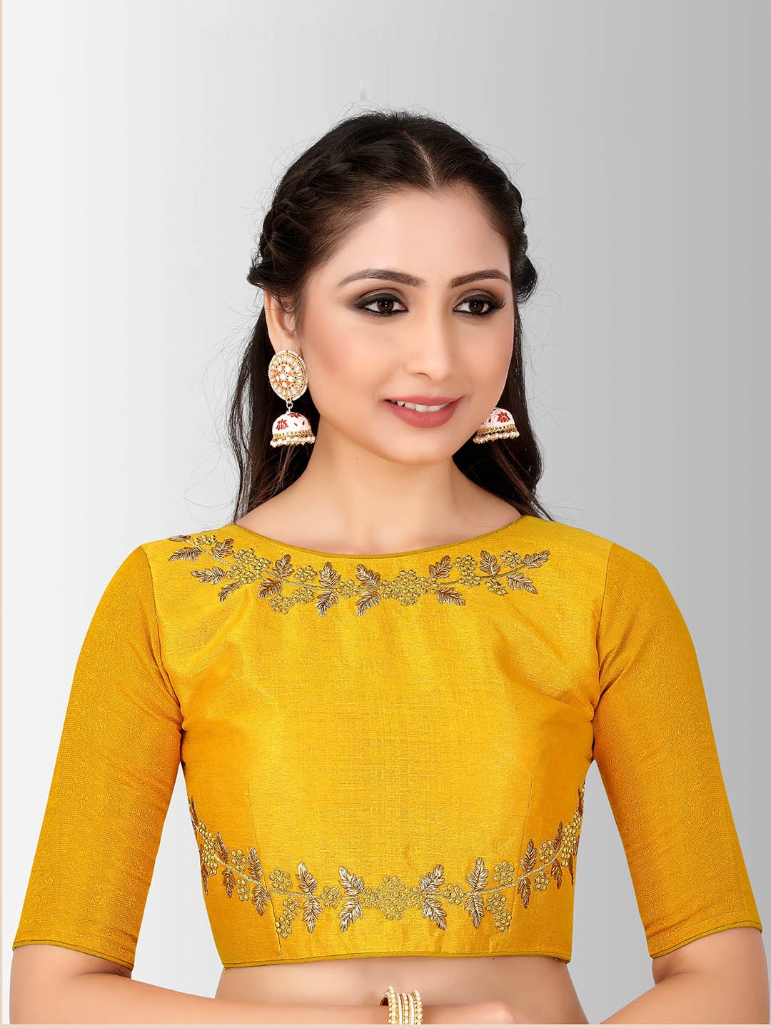 

MIMOSA Women Mustard Yellow Embroidered Silk Saree Blouse