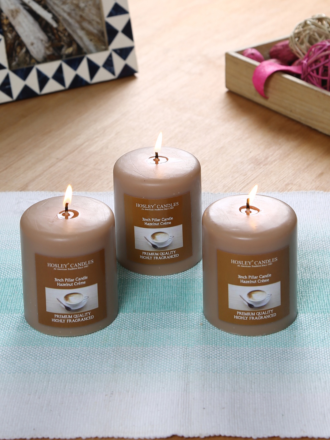 

HOSLEY Set of 3 Brown Hazelnut Creme Fragranced Wax Pillar Candles