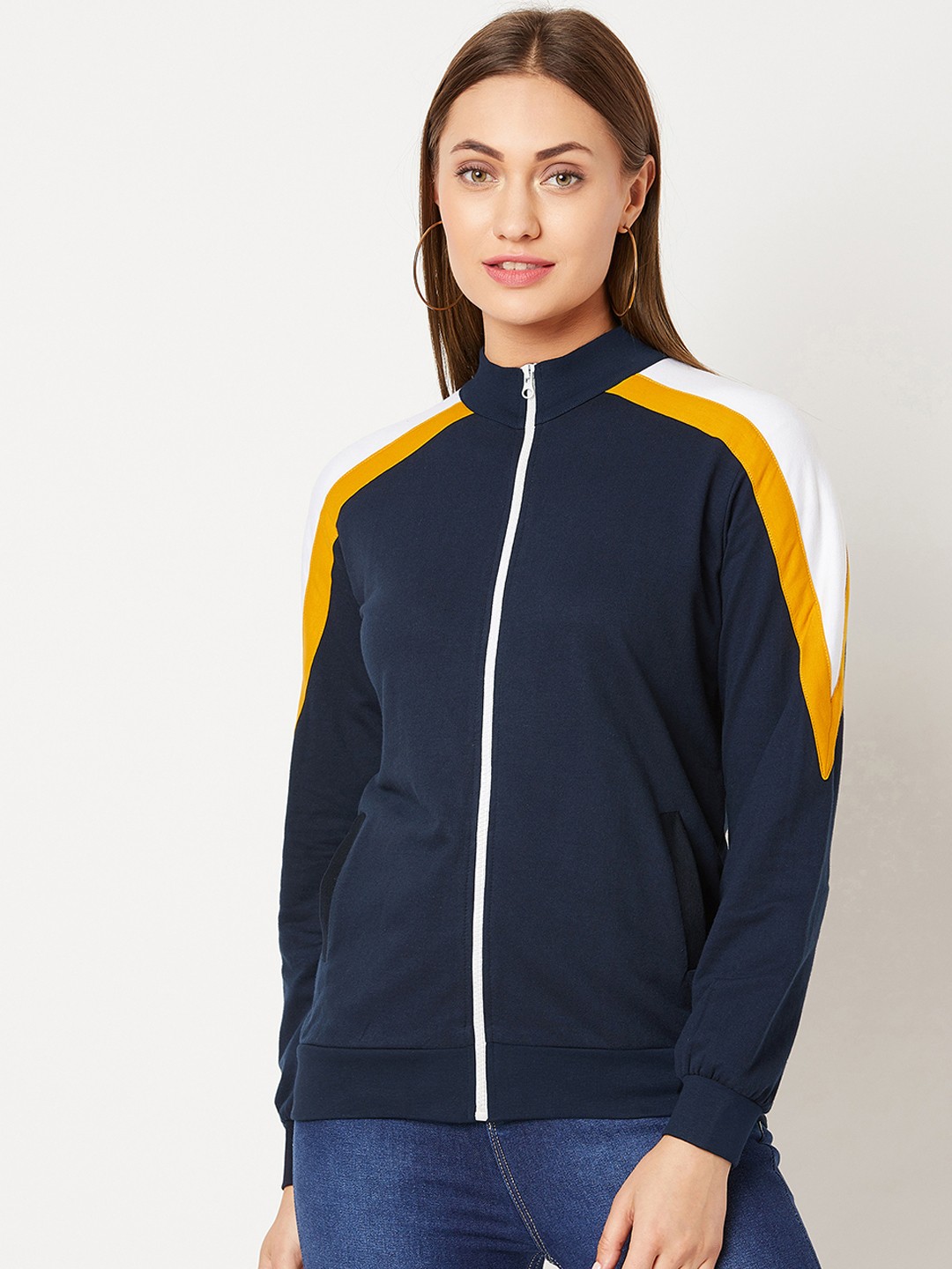 

Miss Chase Women Navy Blue Colourblocked Bomber Jacket