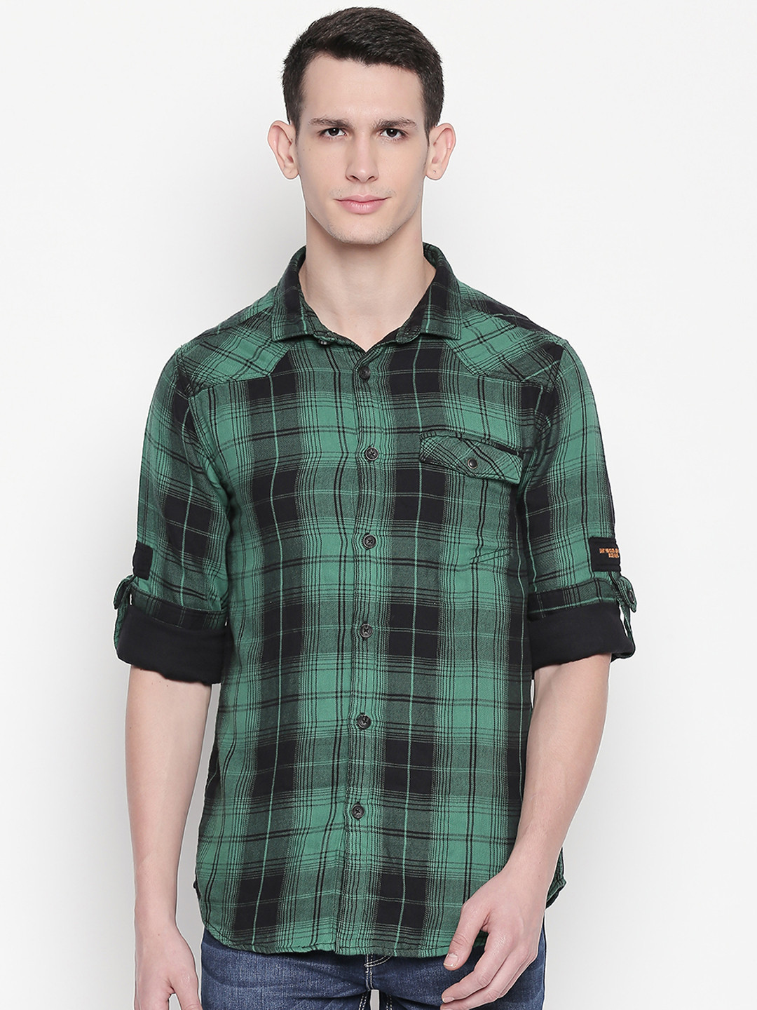 

SF JEANS by Pantaloons Men Olive Green & Black Slim Fit Checked Casual Shirt