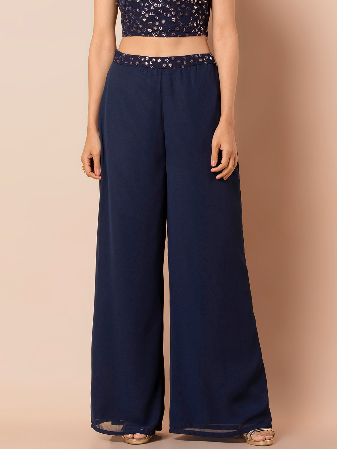 

INDYA Women Navy Blue Solid Wide Leg Palazzos