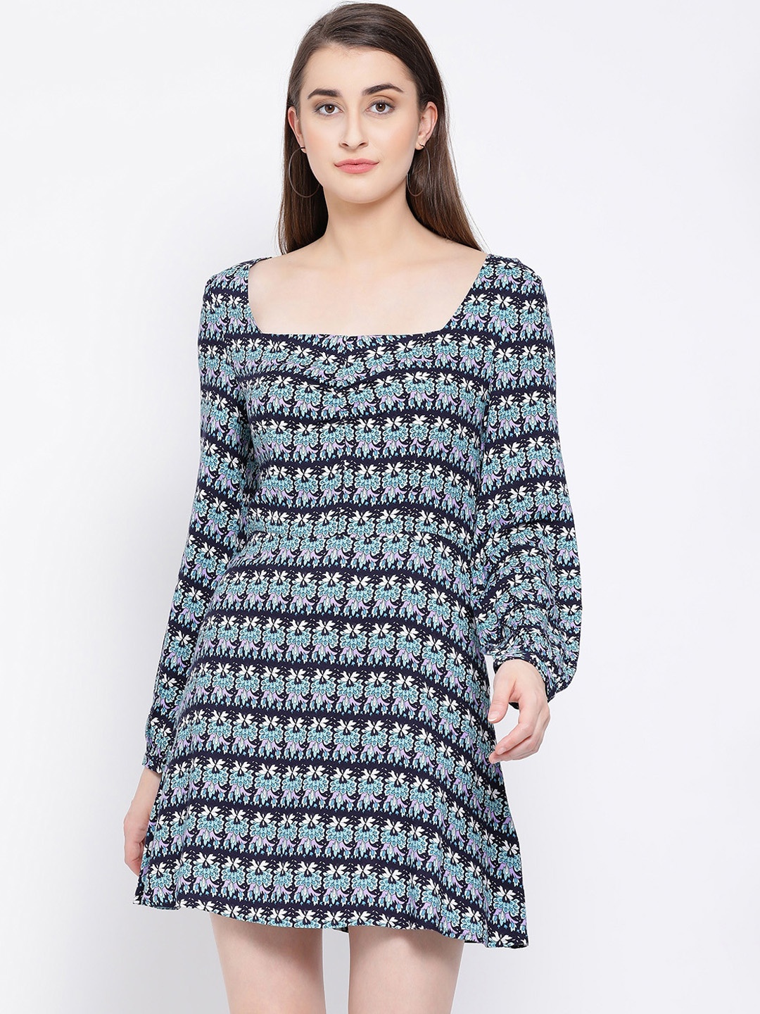 

Oxolloxo Women Teal Green & Black Printed A-Line Dress