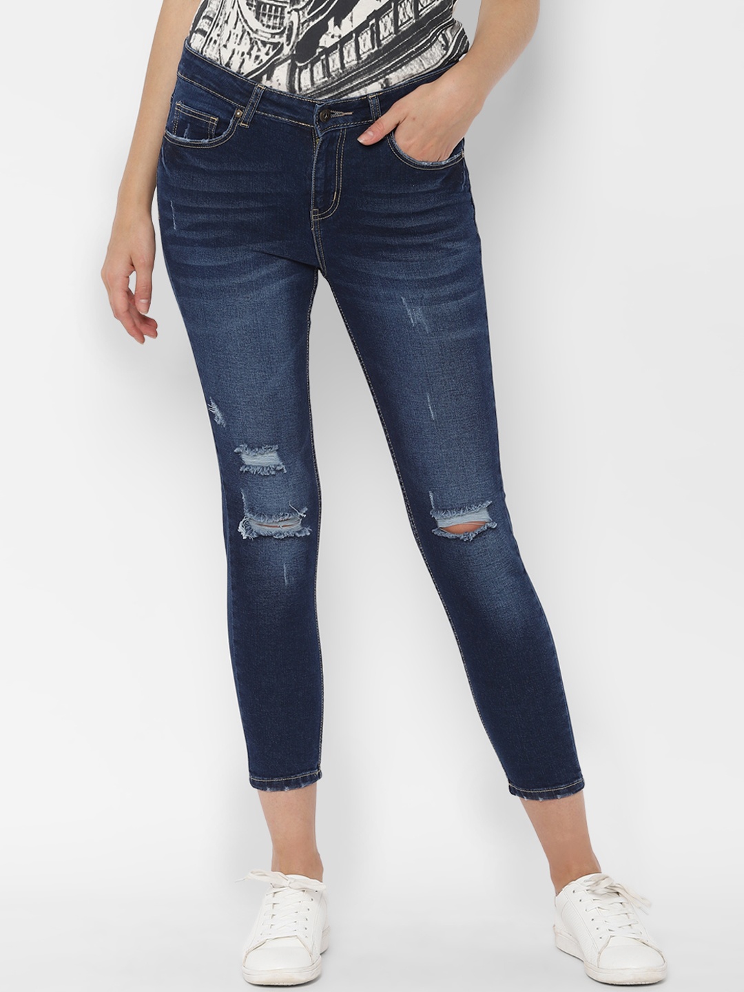 

People Women Navy Blue Regular Fit Stretchable Cropped Jeans
