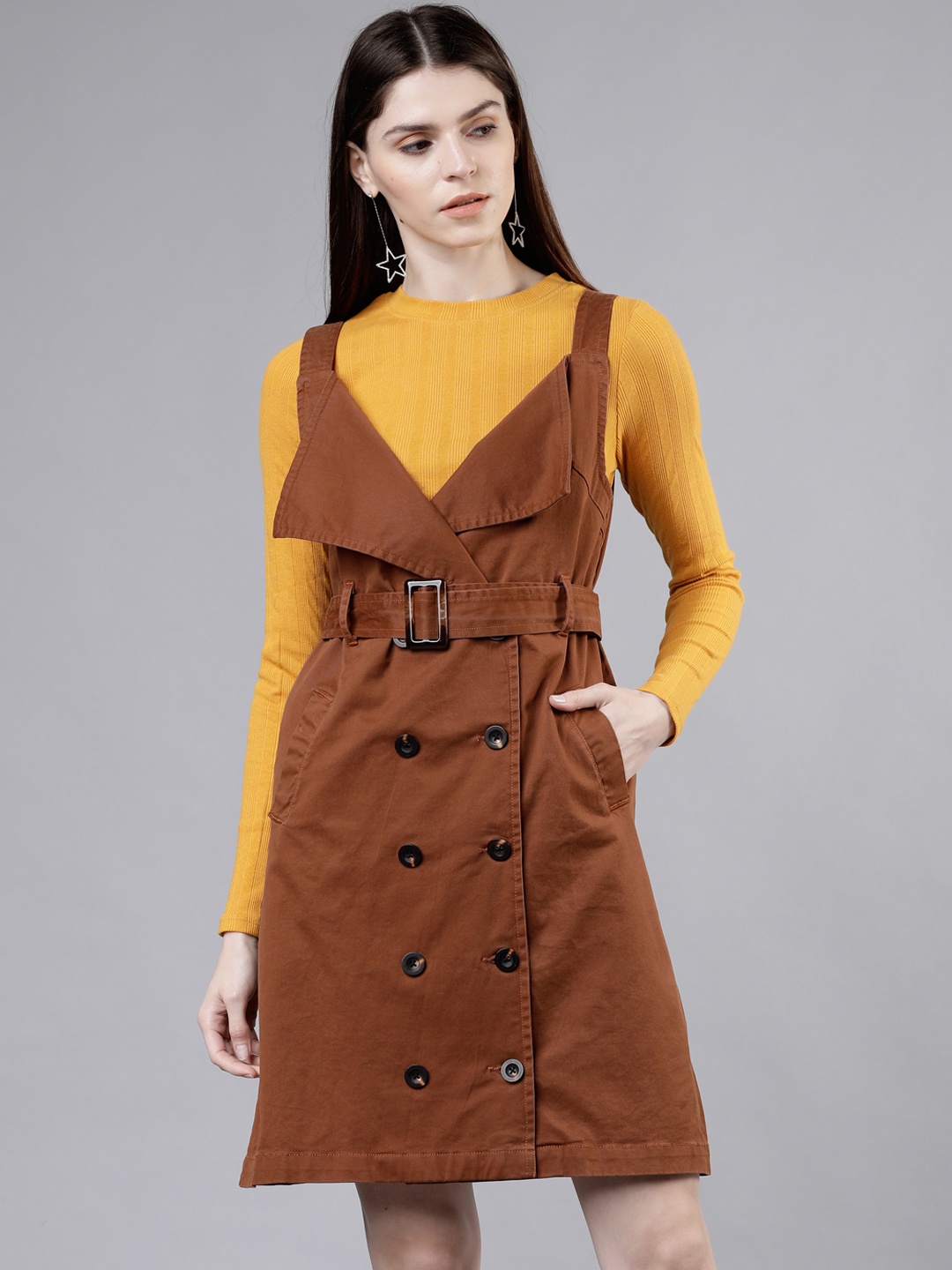 

Tokyo Talkies Women Brown Solid Pinafore Dress