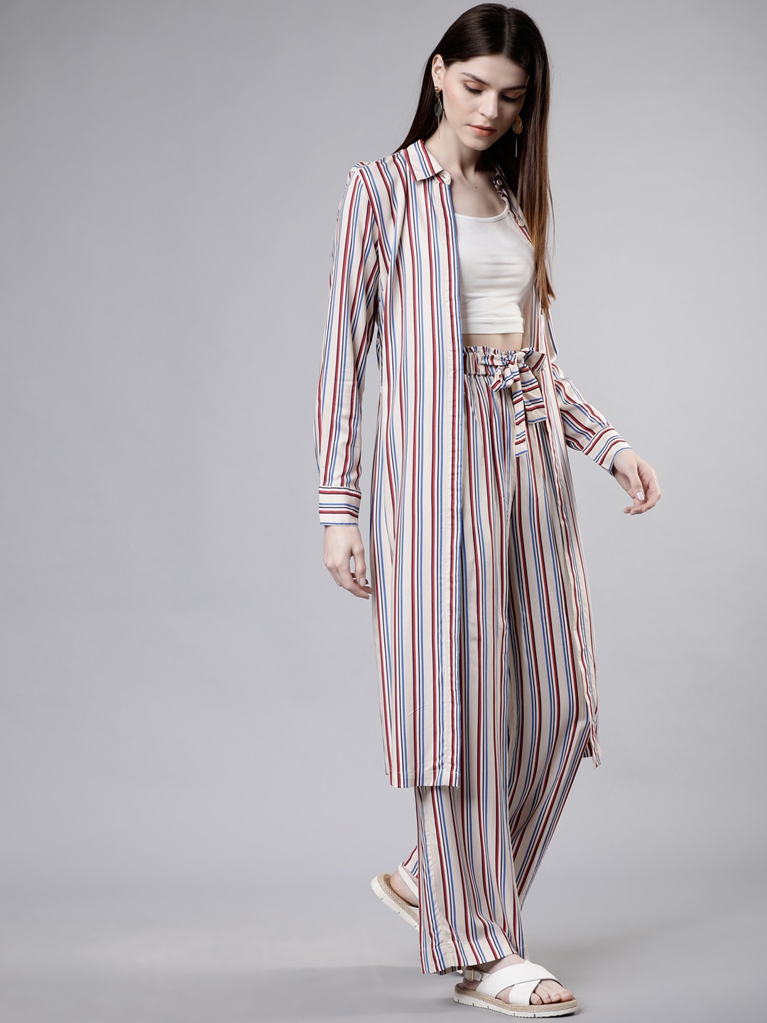 

Tokyo Talkies Women Beige & Red Striped Longline Shirt with Trousers