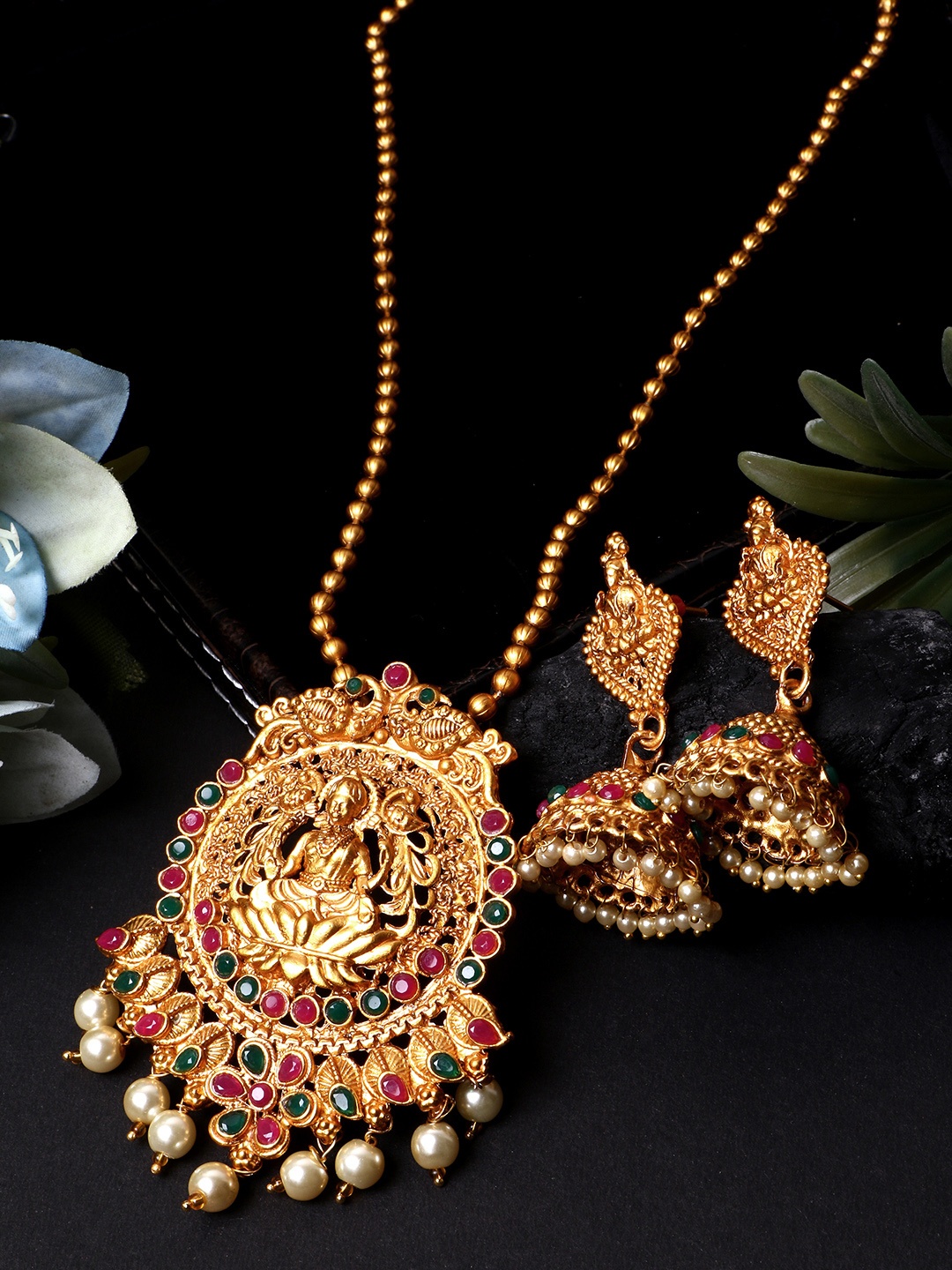 

ANIKAS CREATION Women Gold-Plated Goddess Lakshmi & White Temple Jewellery Set