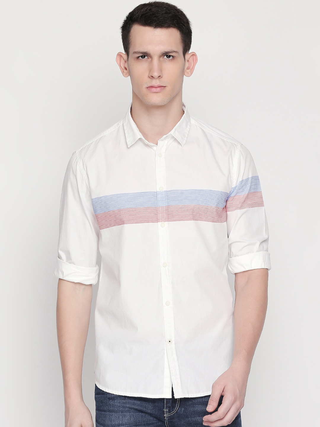 

Urban Ranger by pantaloons Men White & Blue Slim Fit Solid Casual Shirt