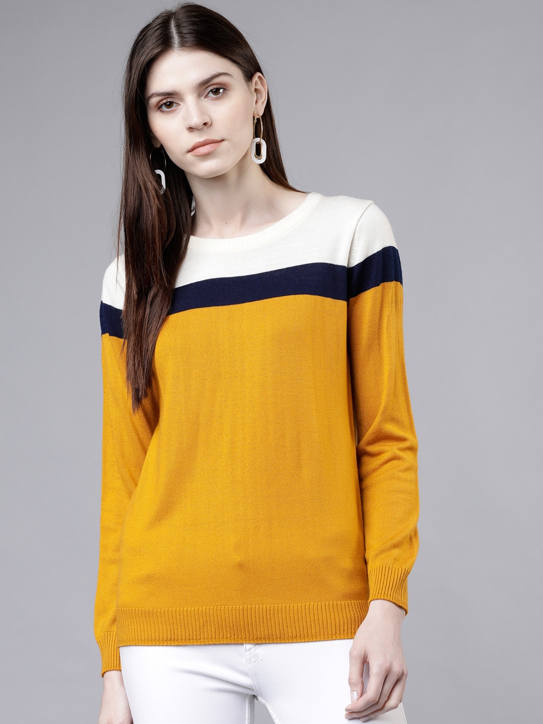

Tokyo Talkies Women Mustard & Navy Blue Striped Sweater