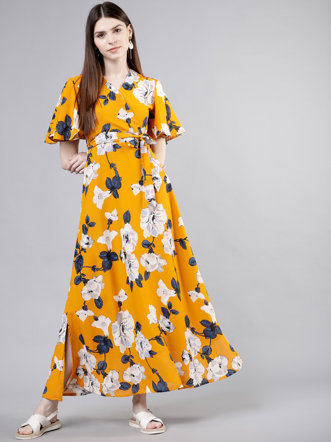 

Tokyo Talkies Women Mustard Yellow Floral Printed Maxi Dress