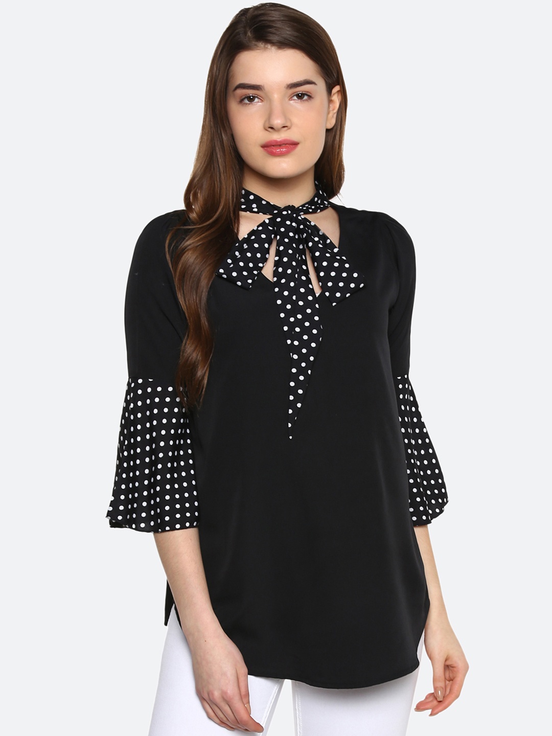 

Qurvii Plus Size Women Black Polka Dot Print A-Line Top