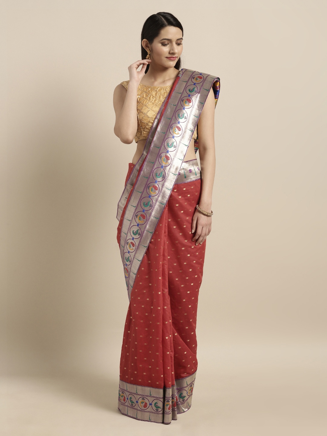 

Mitera Red Silk Cotton Woven Design Paithani Saree