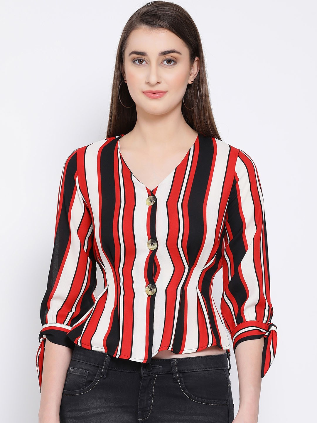 

Oxolloxo Women Red Candy Striped Cinched Waist Top