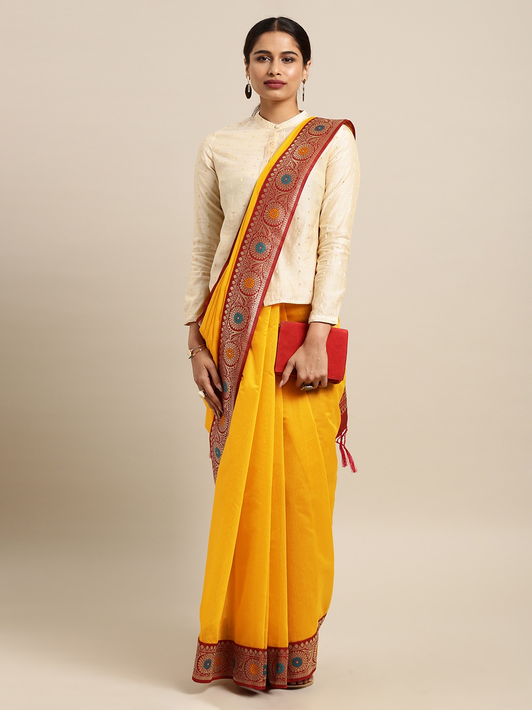

Mitera Mustard & Red Silk Cotton Woven Design Banarasi Saree
