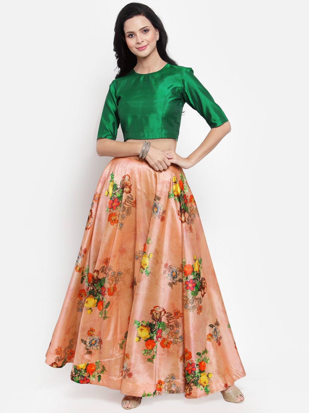 

Get Glamr Green & Peach Coloured Ready to Wear Lehenga with Blouse