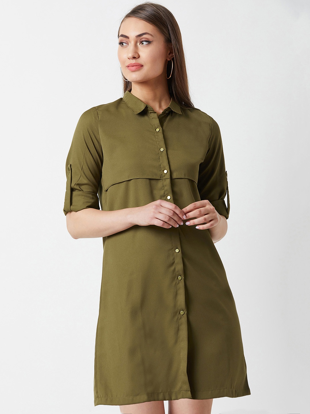 

Miss Chase Women Solid Olive Green Shirt Dress