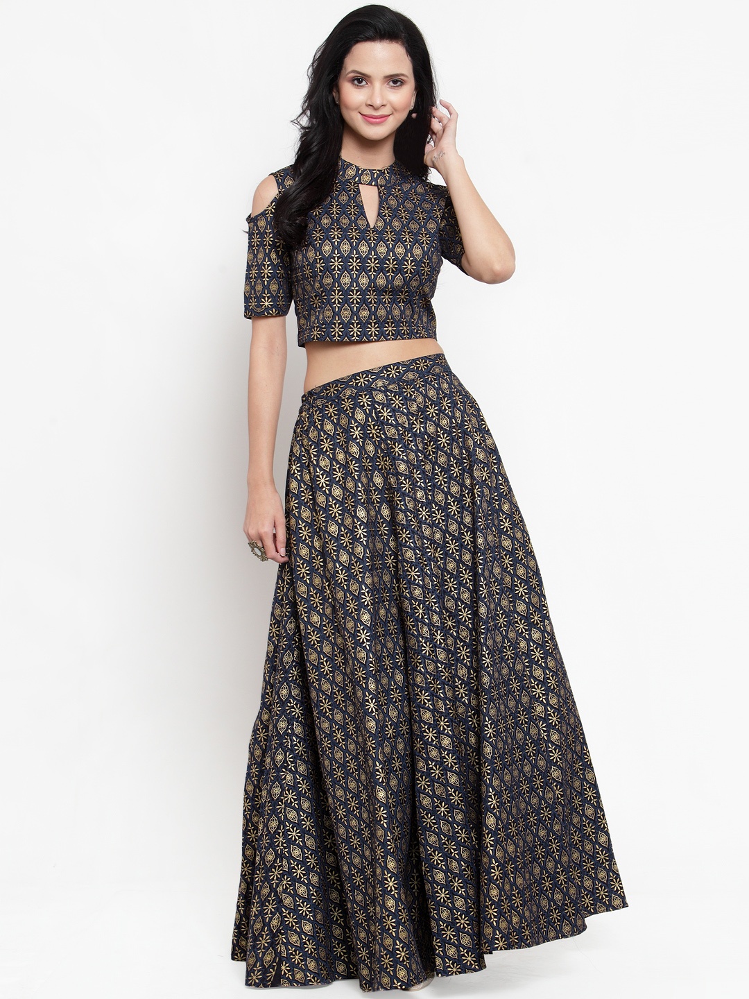 

Get Glamr Navy Blue & Gold-Toned Printed Ready to Wear Lehenga with Blouse