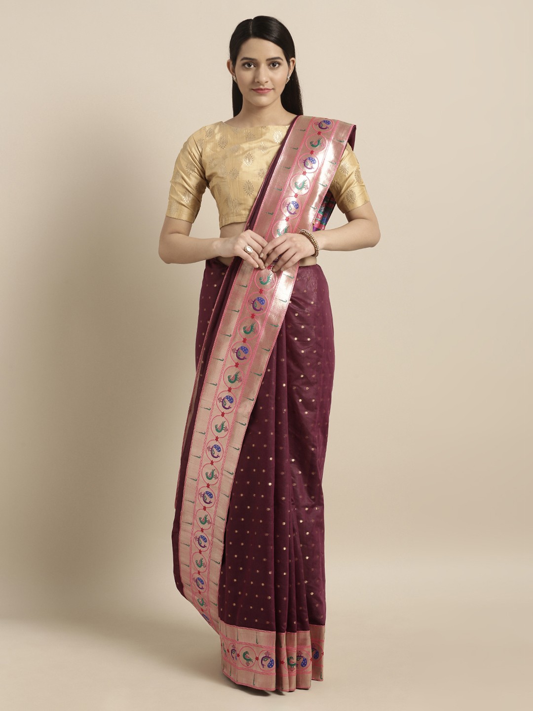 

Mitera Burgundy & Pink Silk Cotton Woven Design Paithani Saree