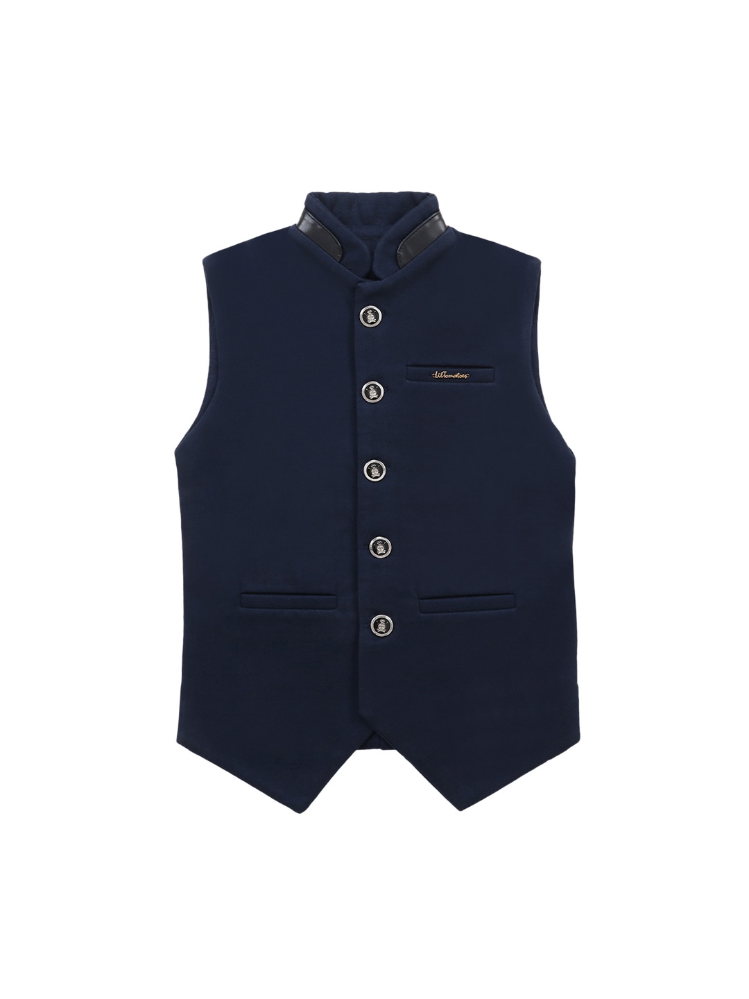 

Lil Tomatoes Boys Navy Blue Solid Woven Pure Cotton Nehru Jacket