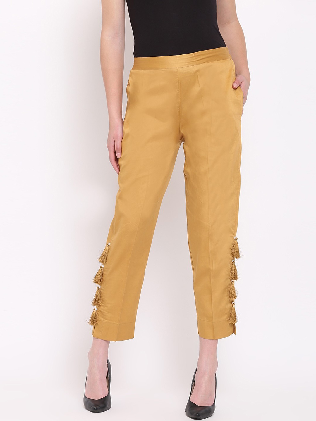 

RIVI Women Gold-Toned Regular Fit Solid Regular Trousers
